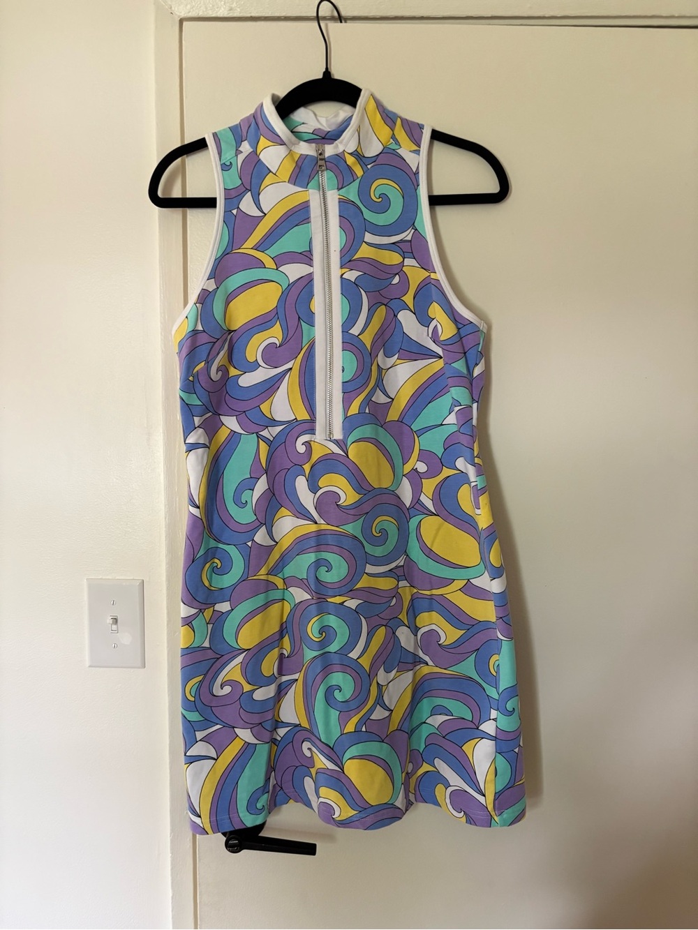 Boston Proper Sleeveless Zip-Front Swirl Print Dress in Purple, Teal, Yellow